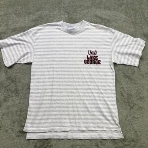 Vintage Mens T-shirt, Lake George, Velva Sheen, L/XL, grey and white stripe‎